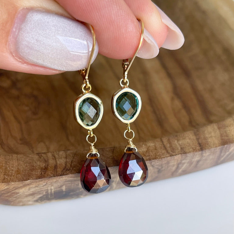 Green Topaz and Garnet Statement Earrings