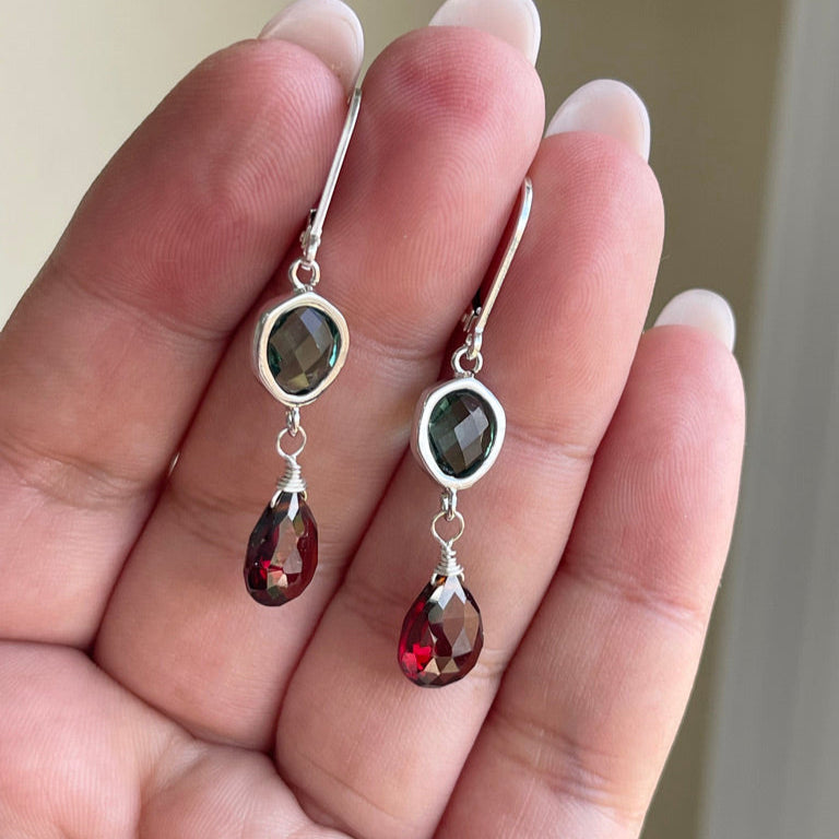 Green Topaz and Garnet Statement Earrings
