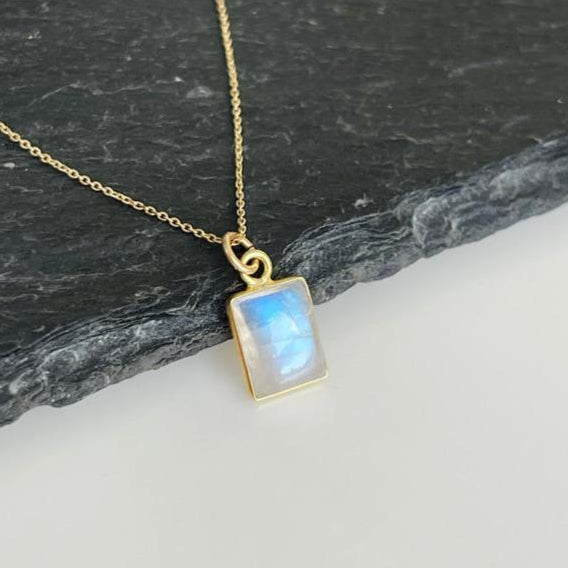 Rainbow Moonstone Tiny Baguette Necklace- Solid 14k Gold