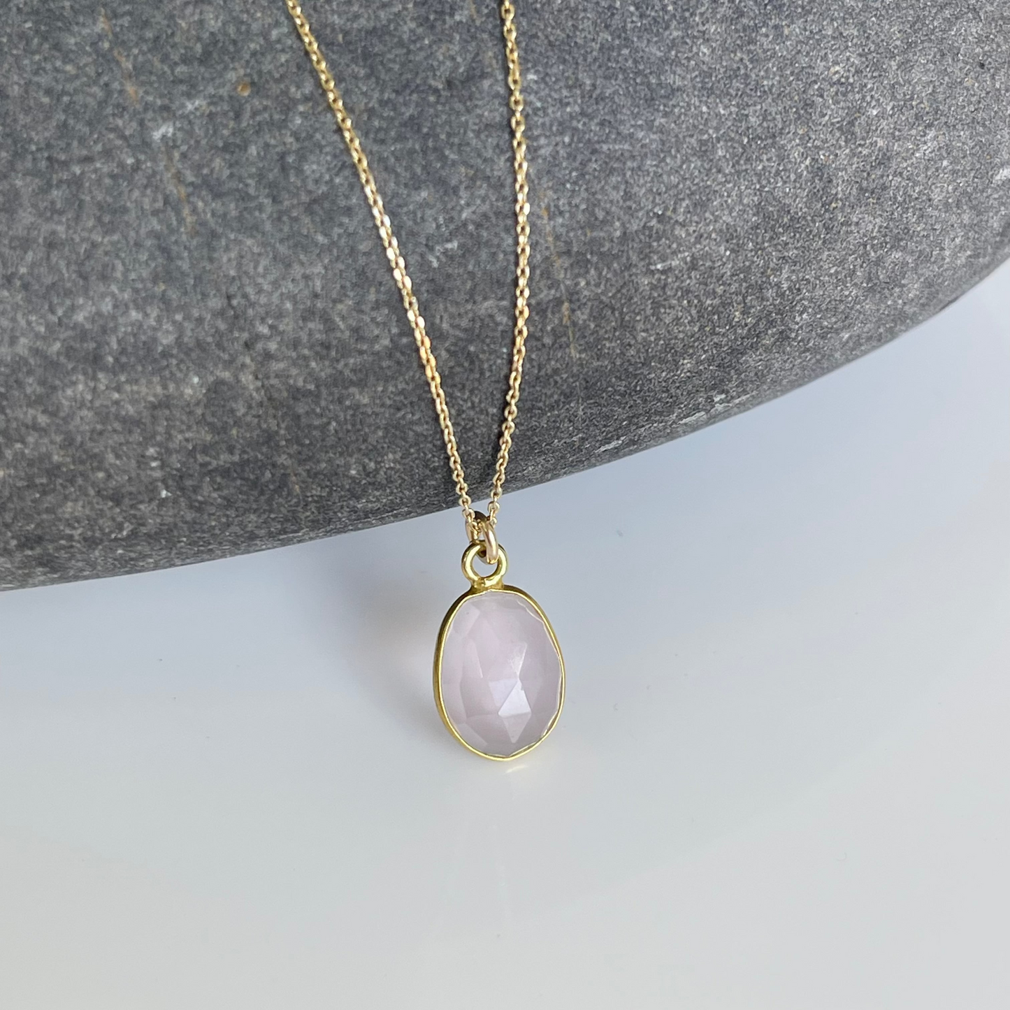 Rose Quartz Oval Necklace- Solid 14k Gold Necklace