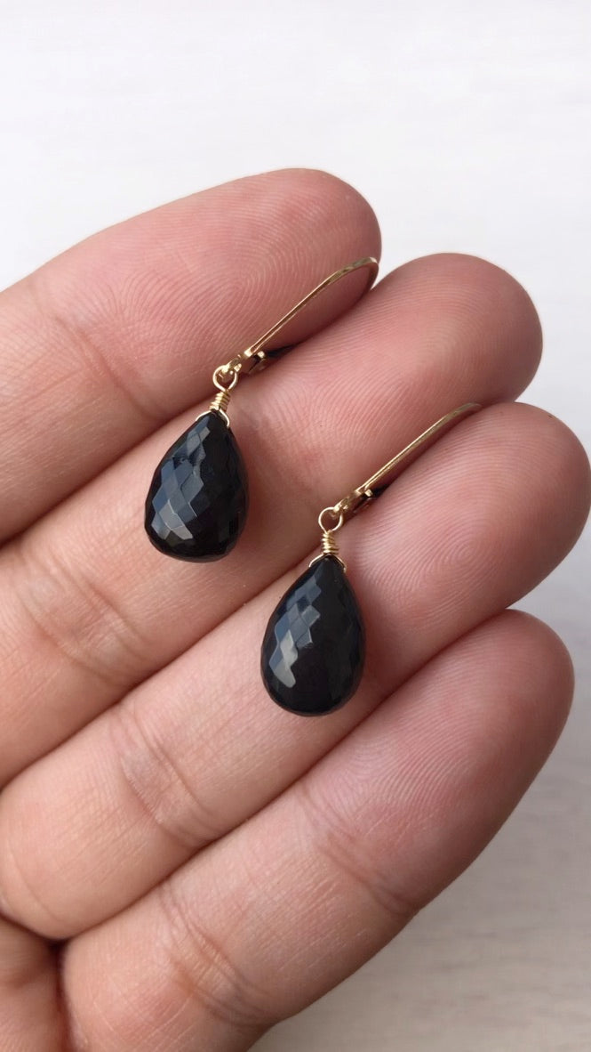 Black Onyx Teardrop Earrings- Solid 14k Gold