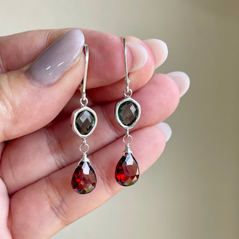 Green Topaz and Garnet Statement Earrings