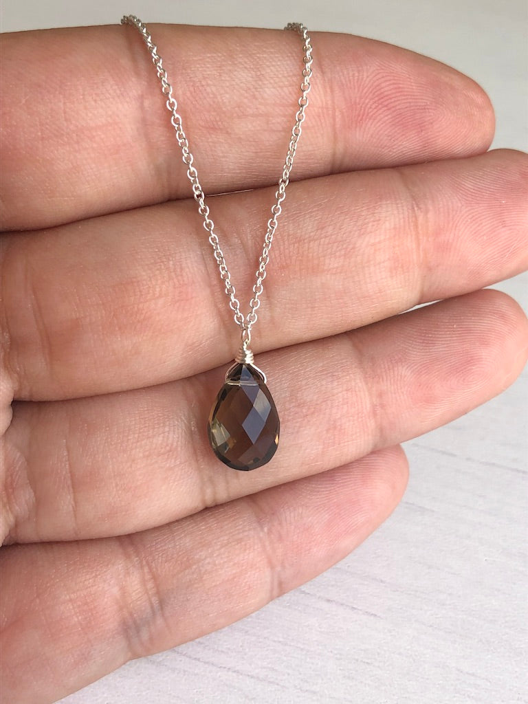 Smokey Topaz Teardrop Minimalist Necklace