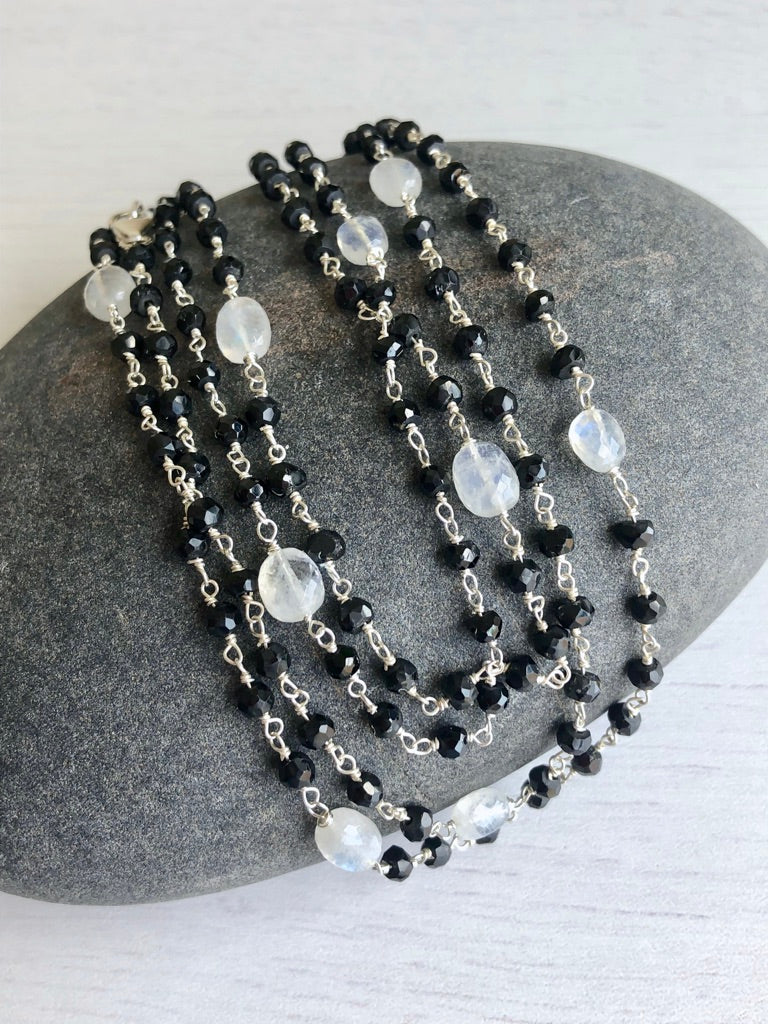 Black Onyx and Rainbow Moonstone Long Necklace