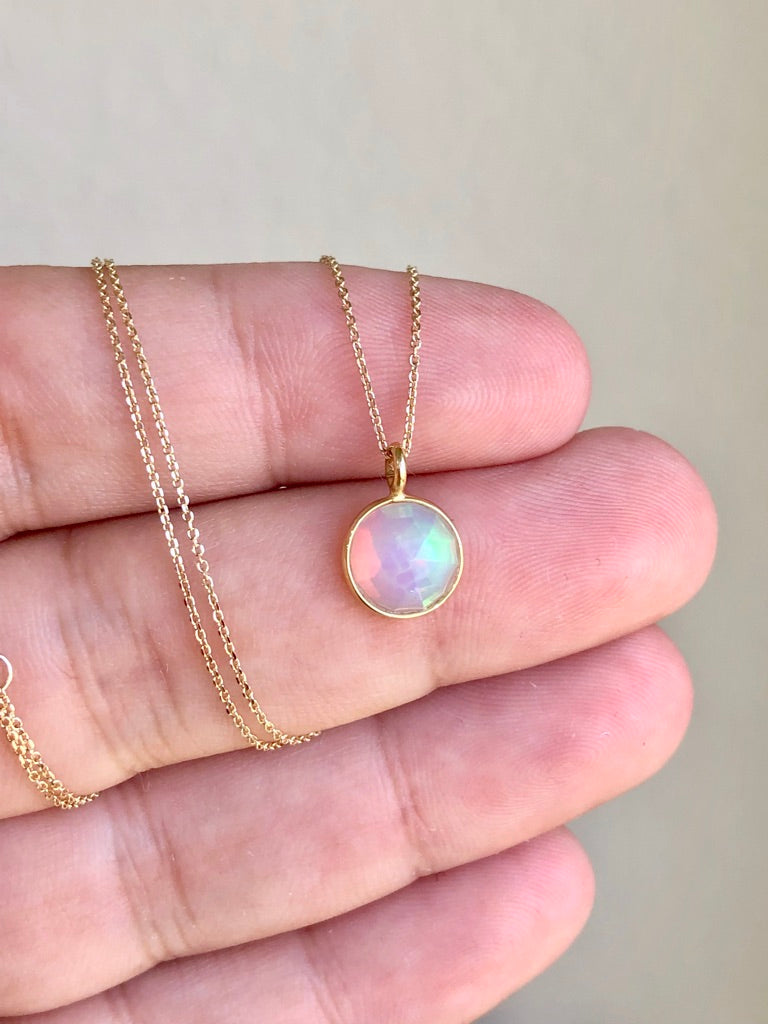 Tiny Ethiopian Opal Round Necklace- Solid 14k Gold