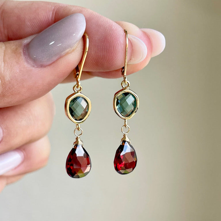 Green Topaz and Garnet Statement Earrings