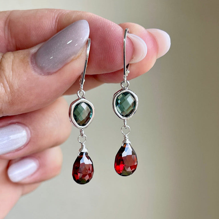 Green Topaz and Garnet Statement Earrings