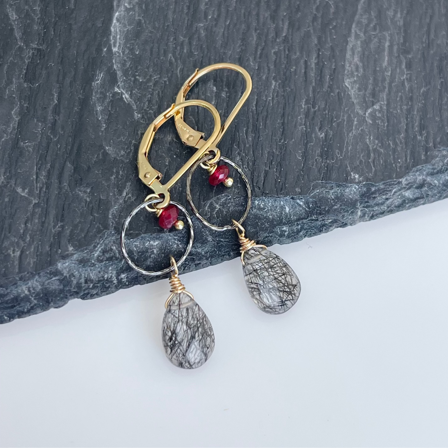 Rutilated Quartz and Ruby Earrings