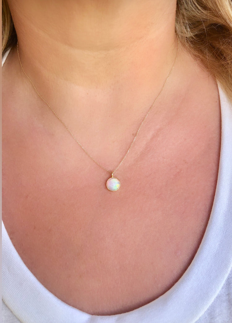 Tiny Ethiopian Opal Round Necklace- Solid 14k Gold