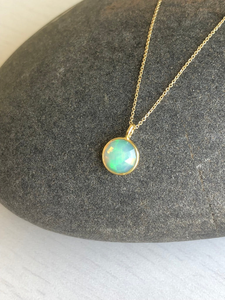 Tiny Ethiopian Opal Round Necklace- Solid 14k Gold