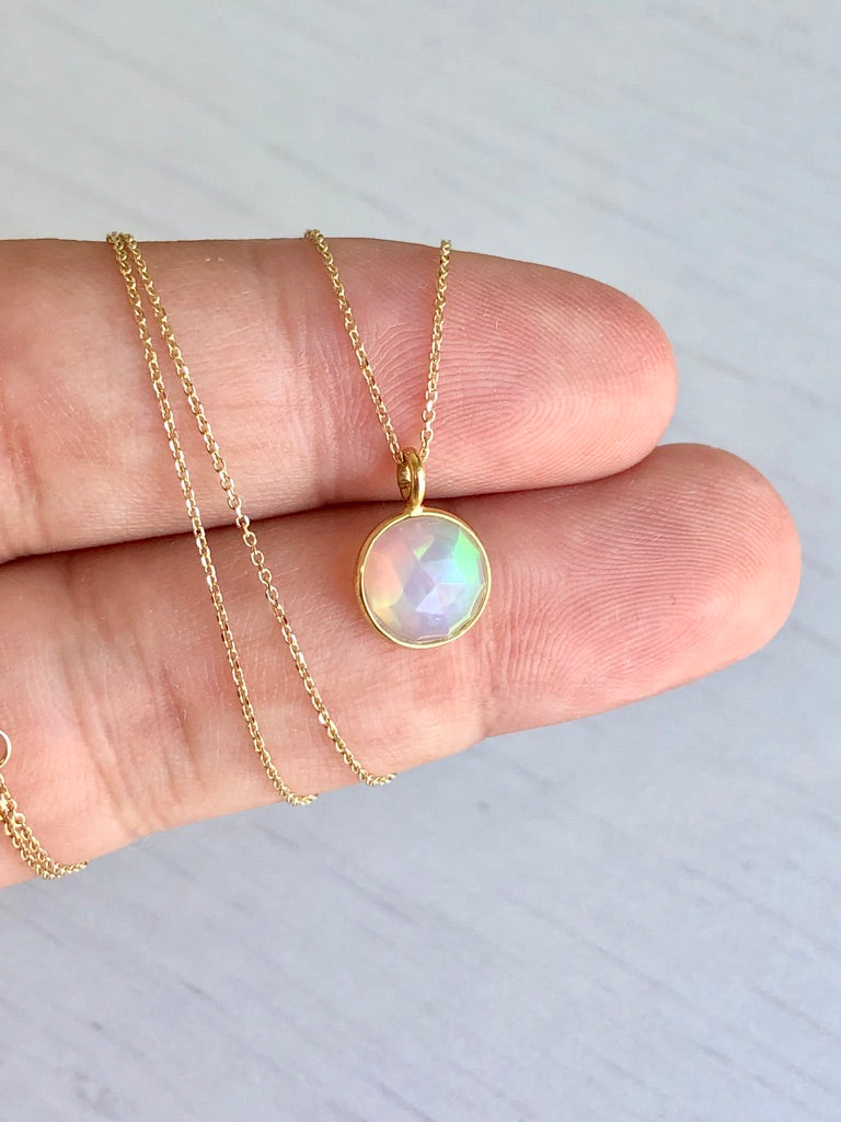 Tiny Ethiopian Opal Round Necklace- Solid 14k Gold