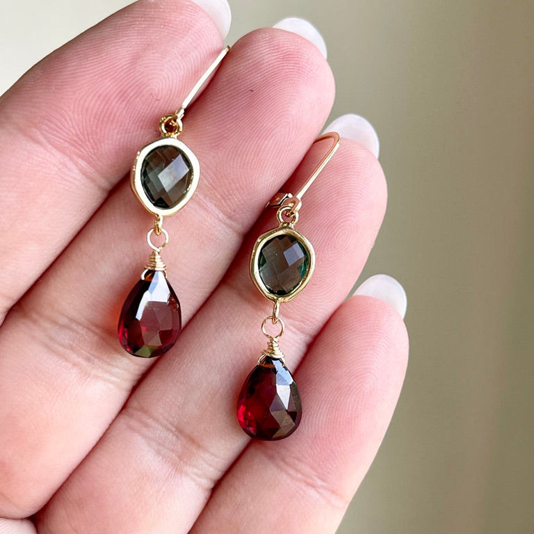 Green Topaz and Garnet Statement Earrings