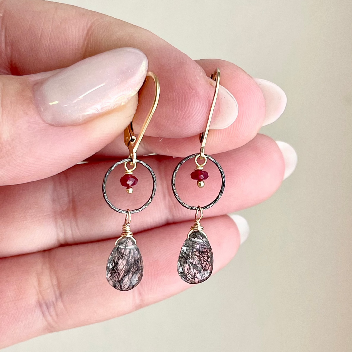 Rutilated Quartz and Ruby Earrings
