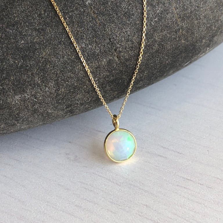 Tiny Ethiopian Opal Round Necklace- Solid 14k Gold