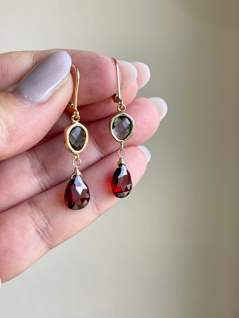 Green Topaz and Garnet Statement Earrings