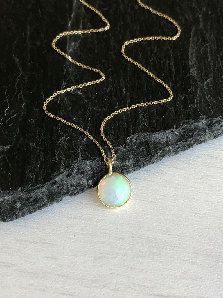 Tiny Ethiopian Opal Round Necklace- Solid 14k Gold