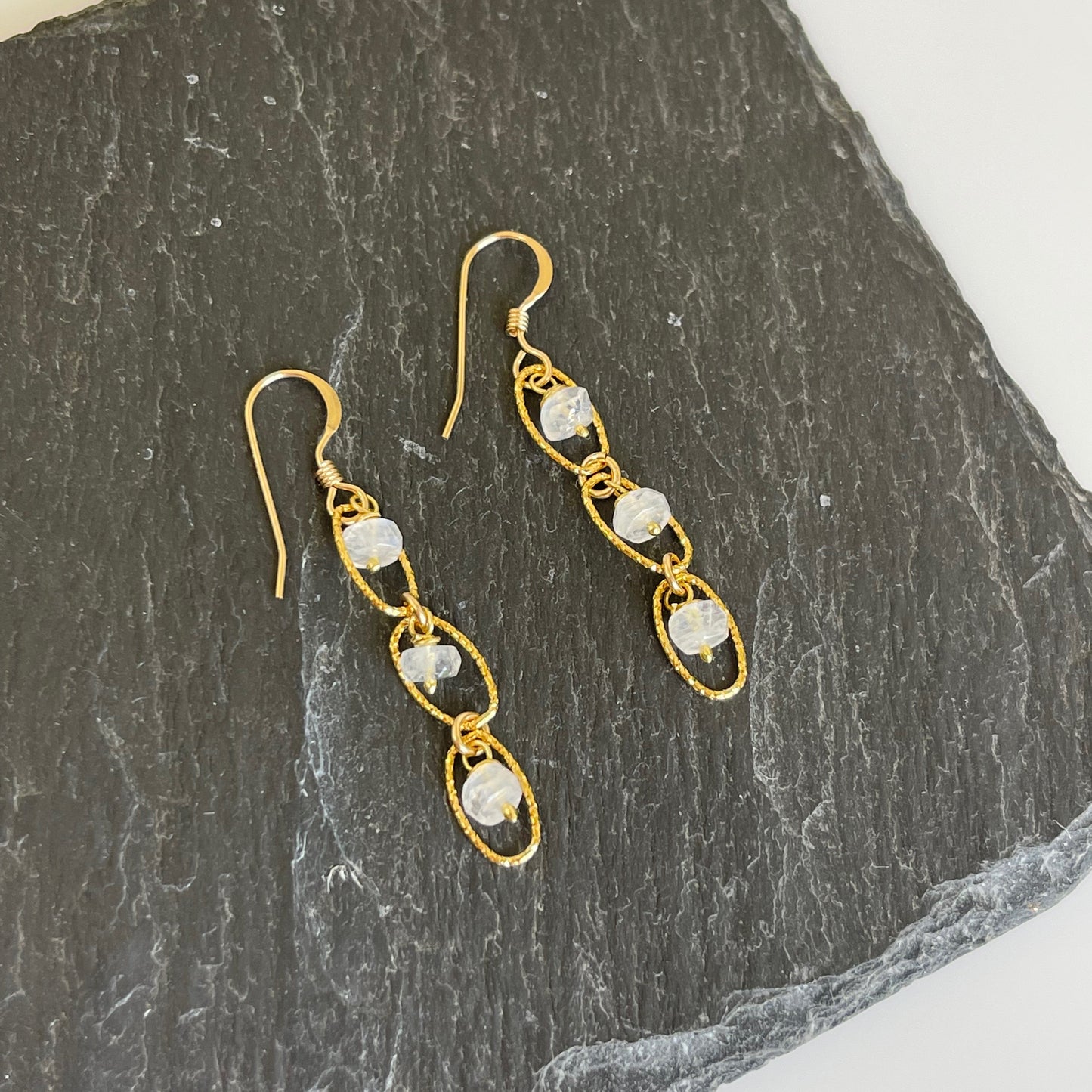 Rainbow Moonstone Oval Link Earrings- June Birthstone