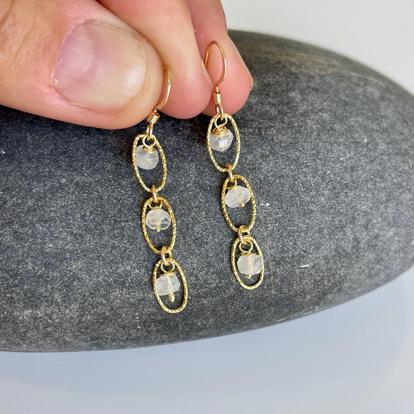 Rainbow Moonstone Oval Link Earrings- June Birthstone