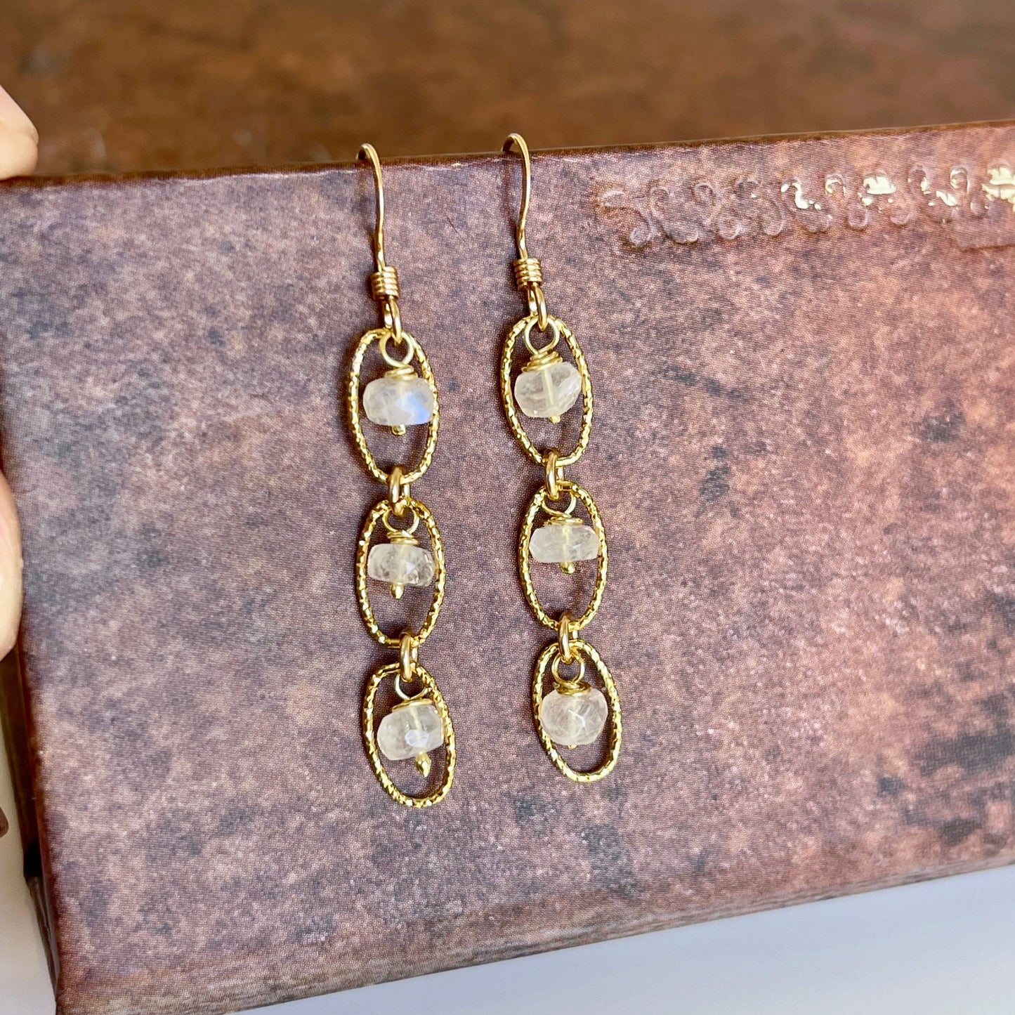 Rainbow Moonstone Oval Link Earrings- June Birthstone