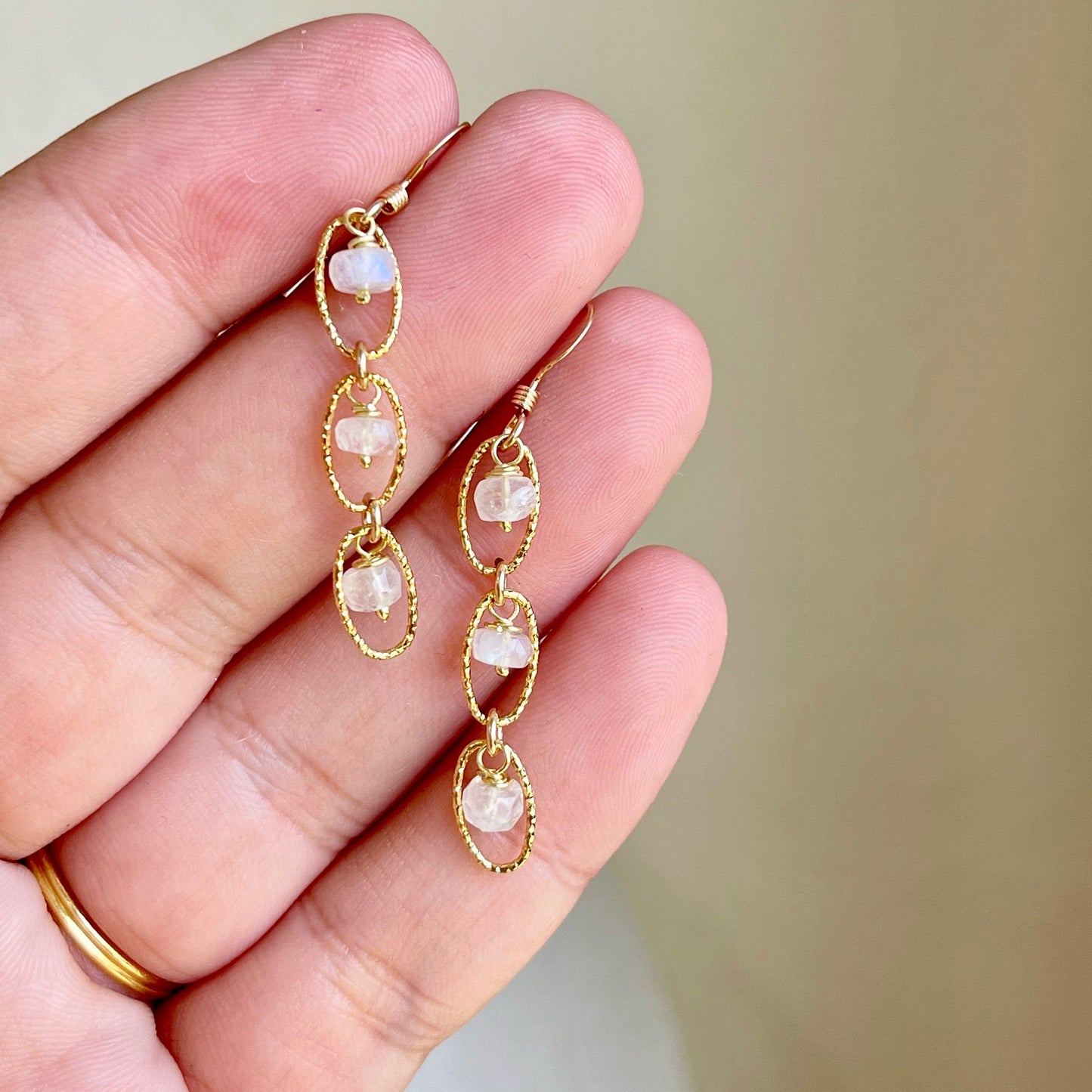 Rainbow Moonstone Oval Link Earrings- June Birthstone