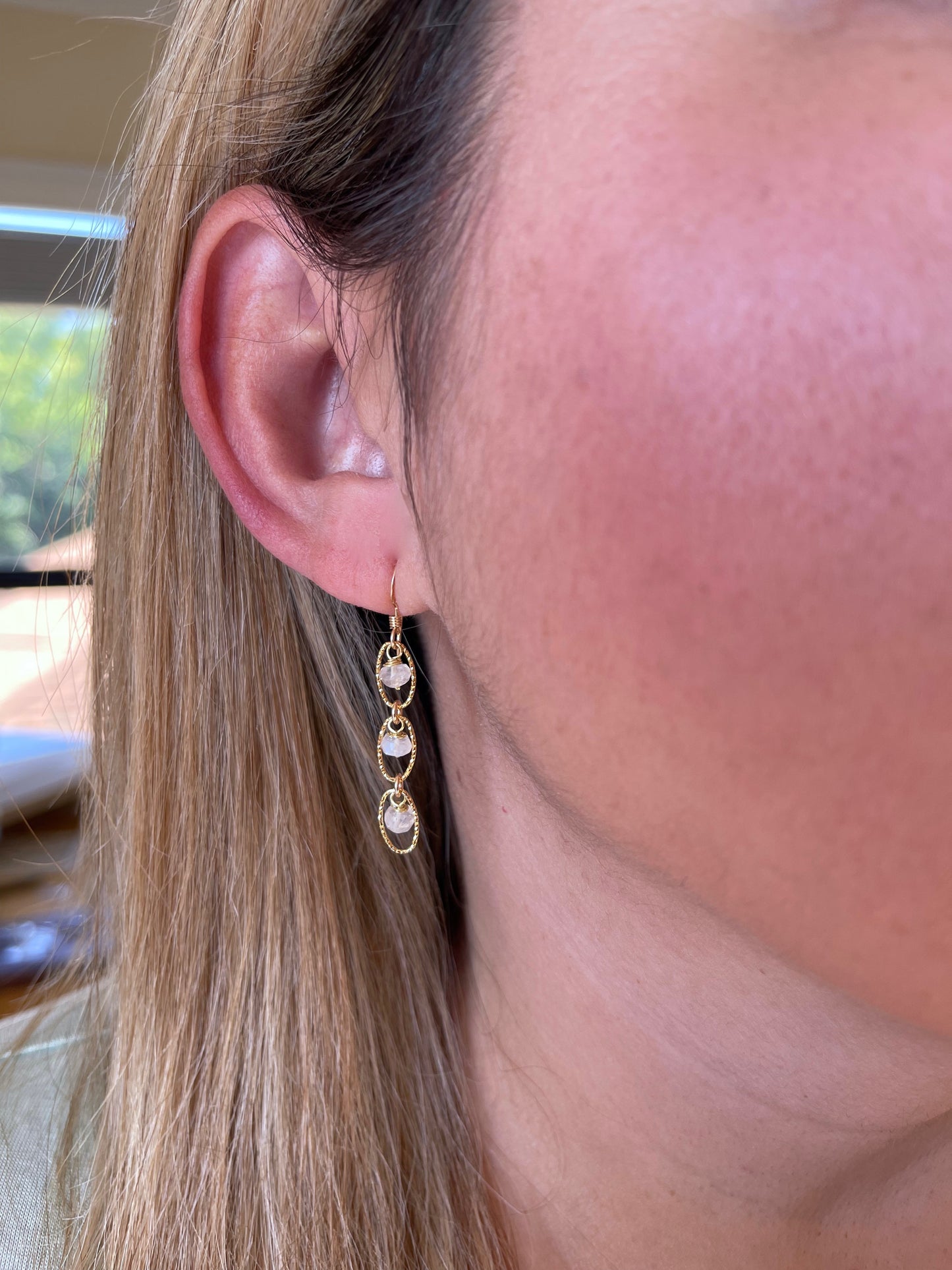 Rainbow Moonstone Oval Link Earrings- June Birthstone