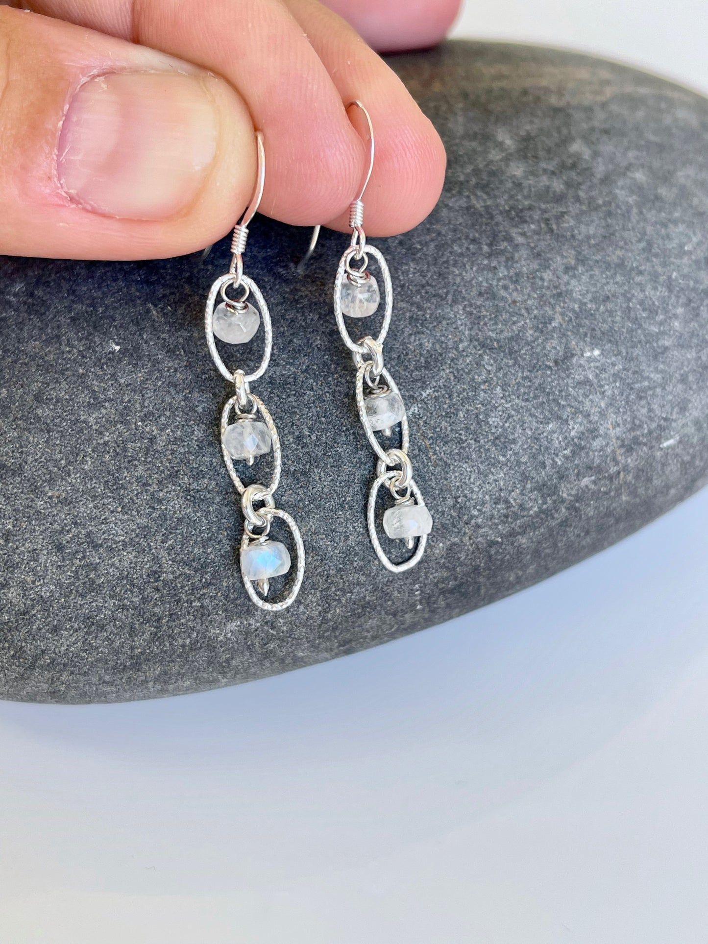 Rainbow Moonstone Oval Link Earrings- June Birthstone