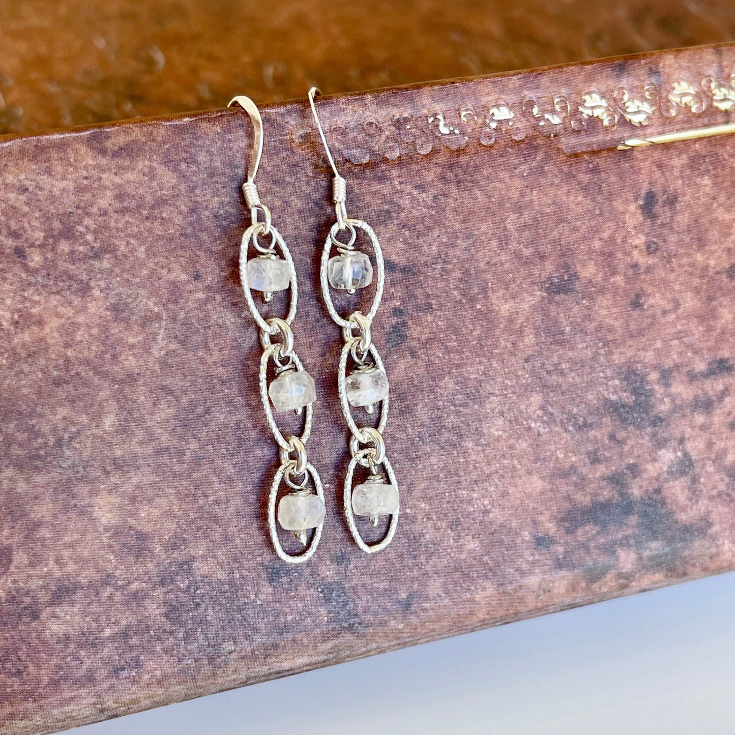 Rainbow Moonstone Oval Link Earrings- June Birthstone