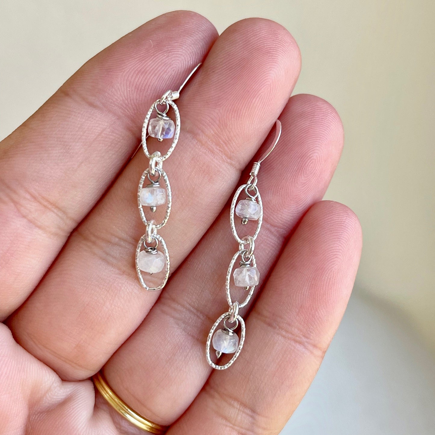 Rainbow Moonstone Oval Link Earrings- June Birthstone