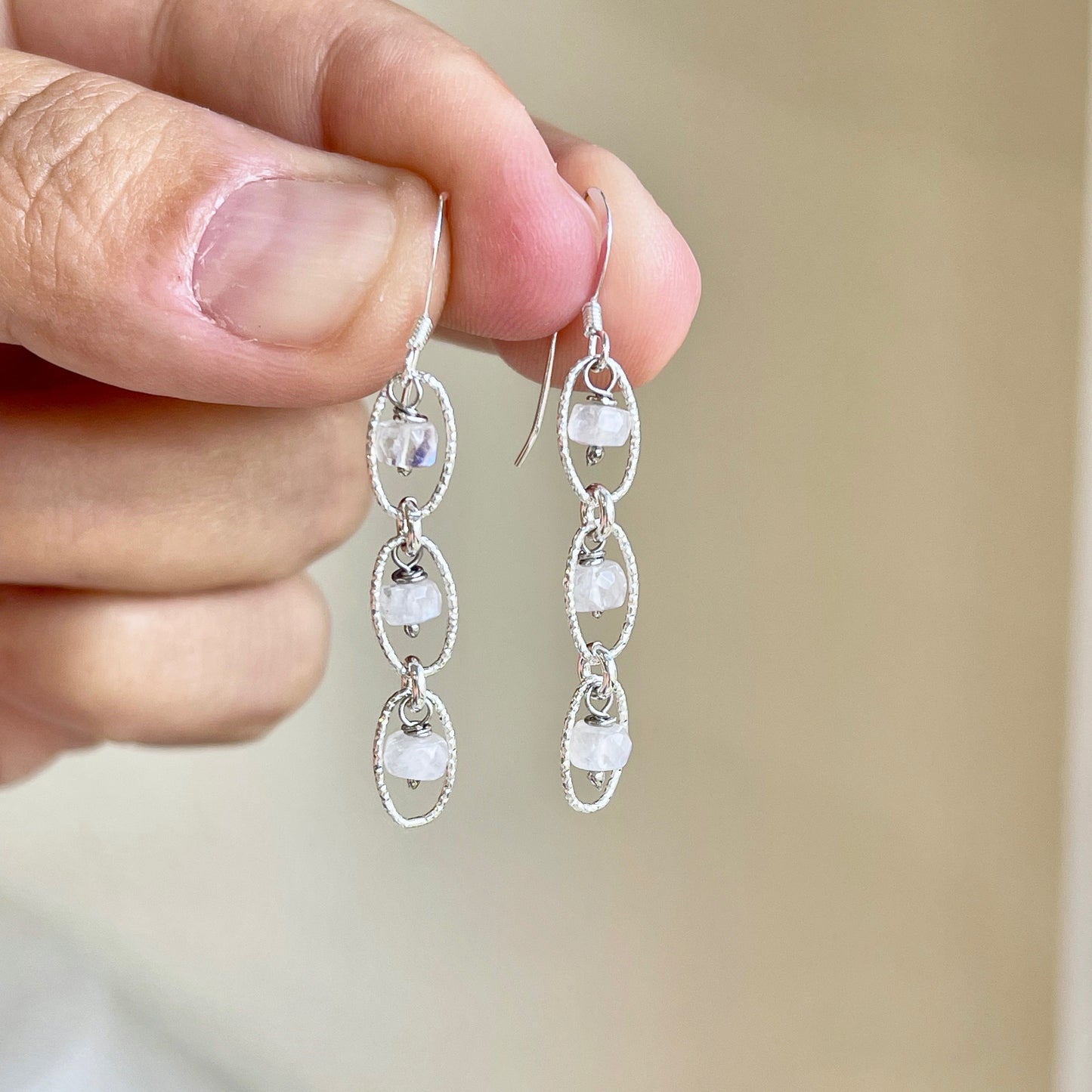 Rainbow Moonstone Oval Link Earrings- June Birthstone