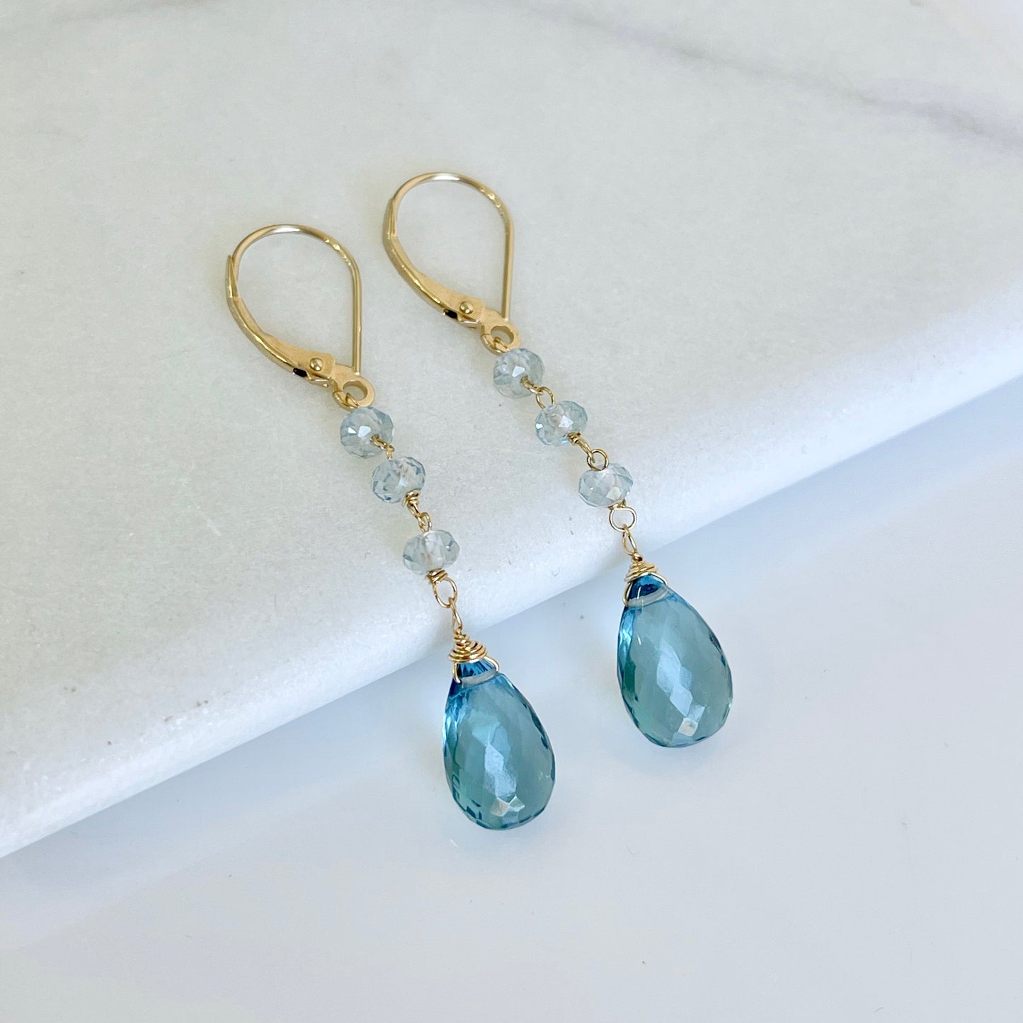 London Blue Topaz Elongated Earrings- Solid 14k Gold