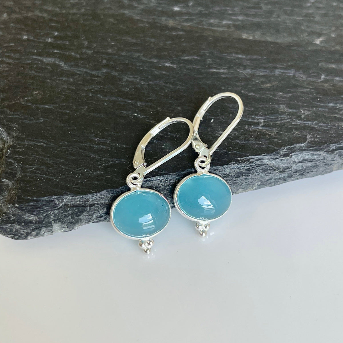 Aquamarine Oval Cabochon Earrings- March Birthstone