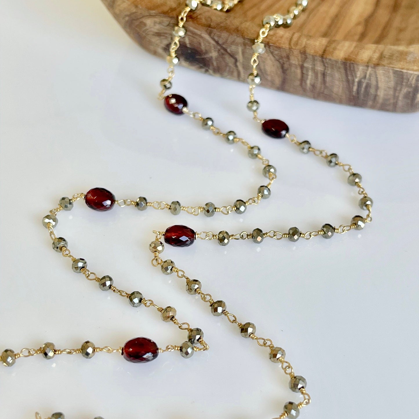 Garnet and Pyrite Long Beaded Necklace