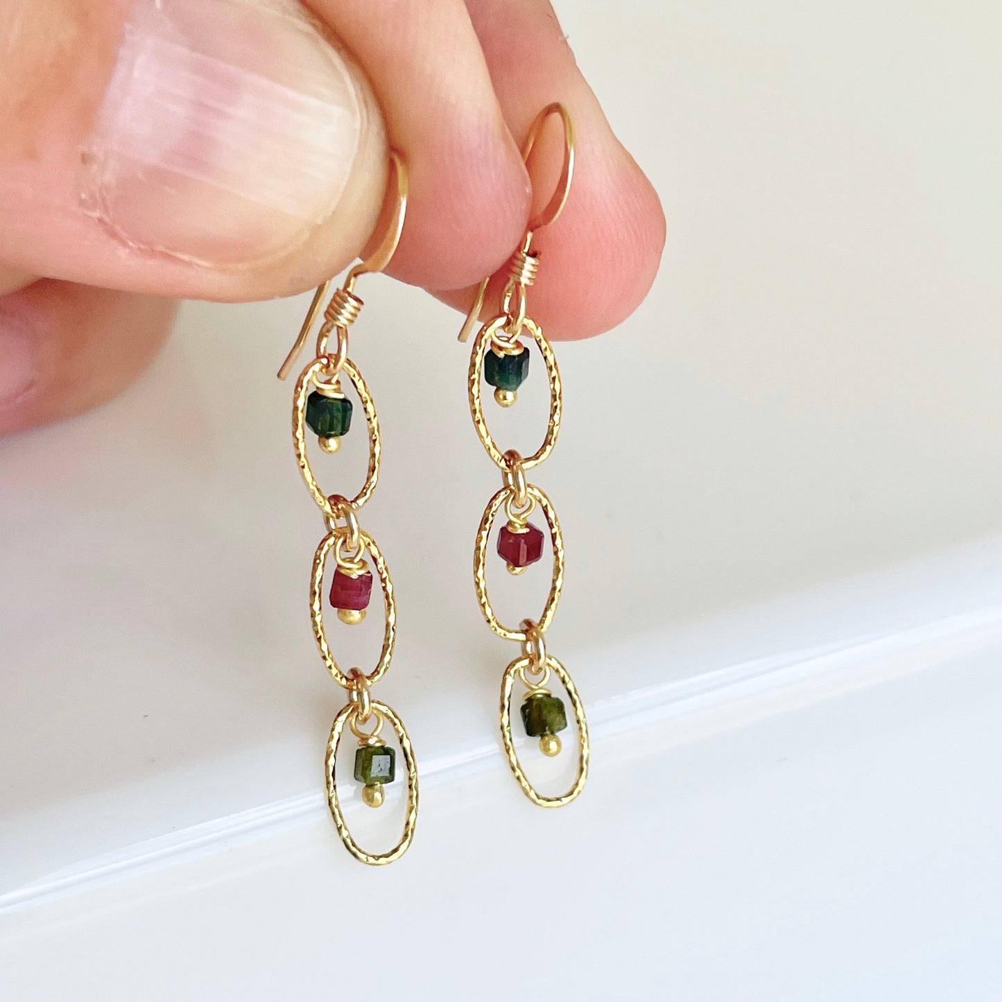 Watermelon Tourmaline Oval Link Earrings- October Birthstone