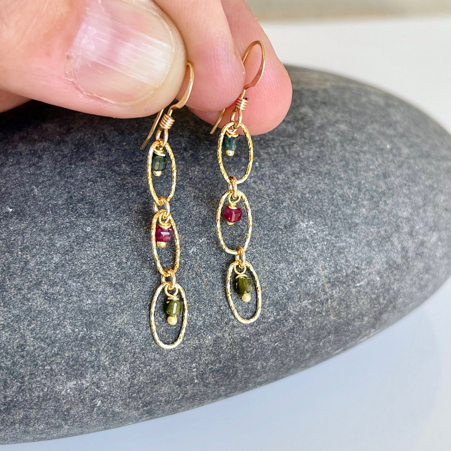 Watermelon Tourmaline Oval Link Earrings- October Birthstone