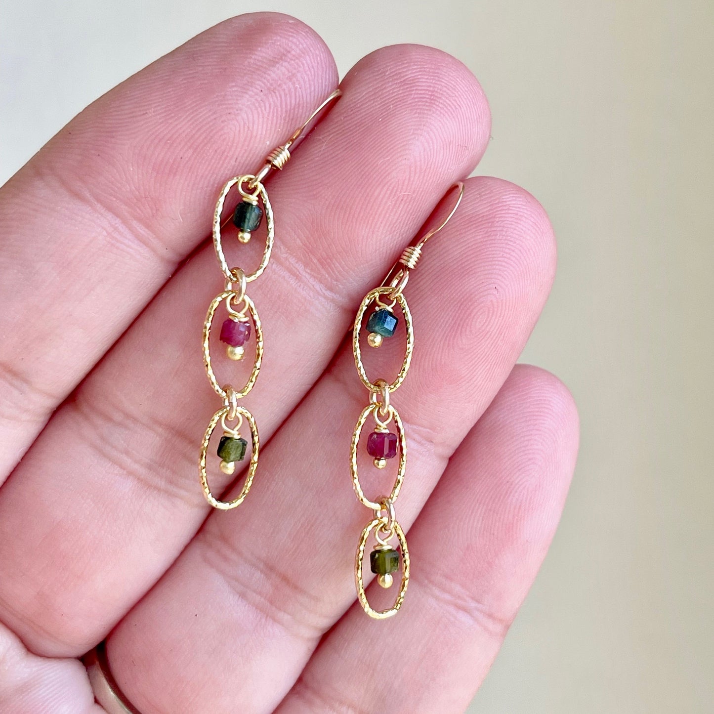 Watermelon Tourmaline Oval Link Earrings- October Birthstone