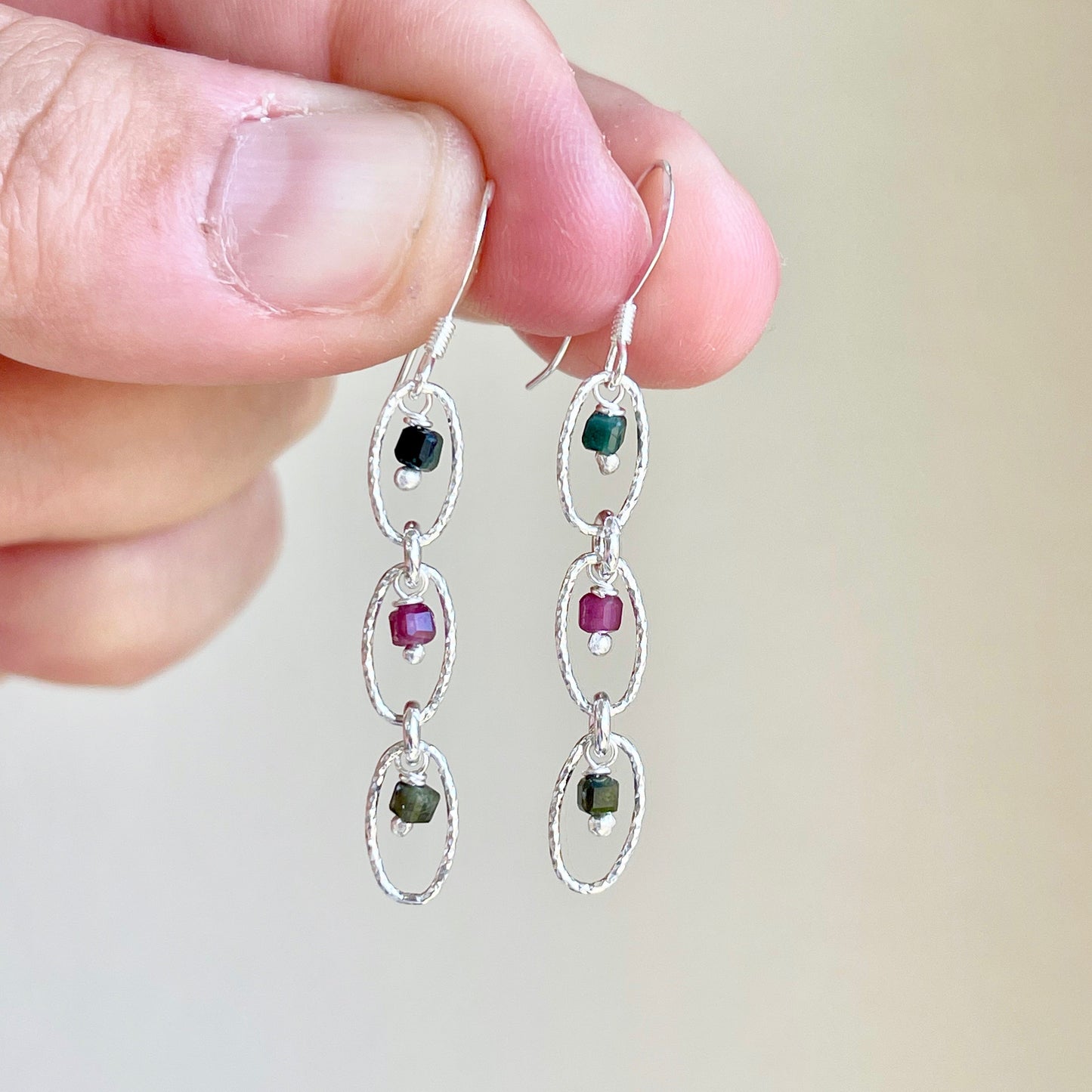 Watermelon Tourmaline Oval Link Earrings- October Birthstone