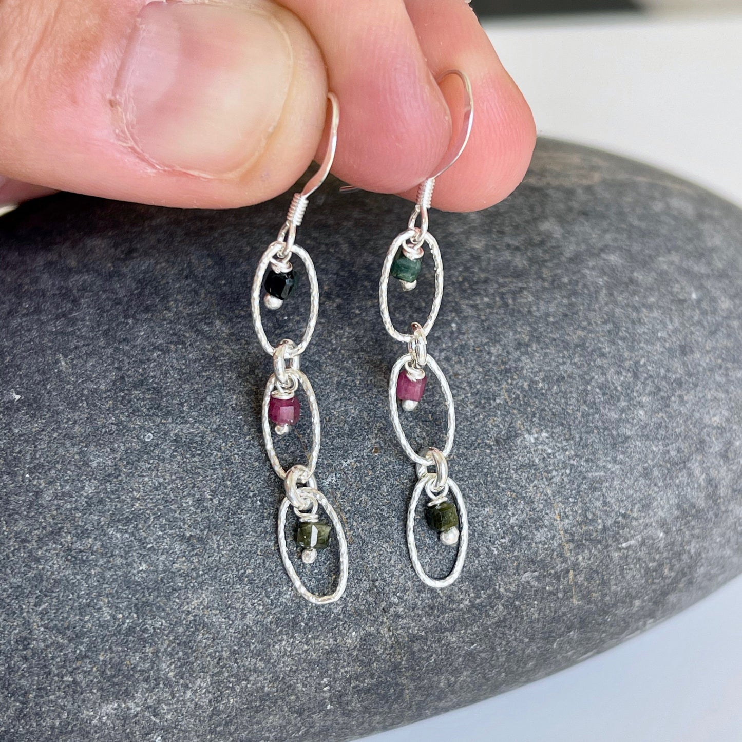 Watermelon Tourmaline Oval Link Earrings- October Birthstone