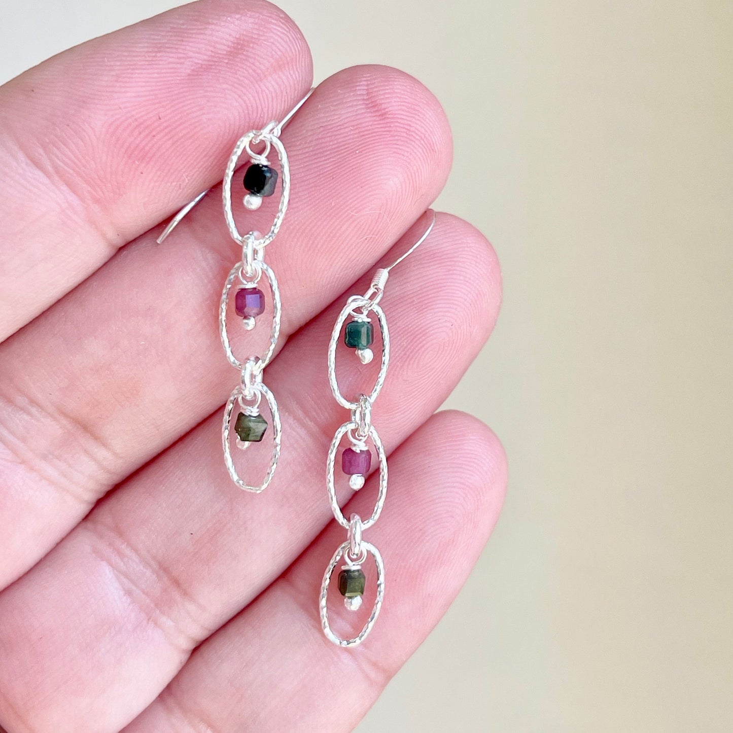 Watermelon Tourmaline Oval Link Earrings- October Birthstone