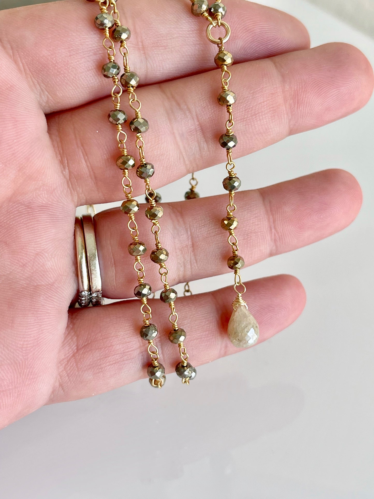 Pyrite and Silverite Necklace, Y Lariat Beaded Necklace