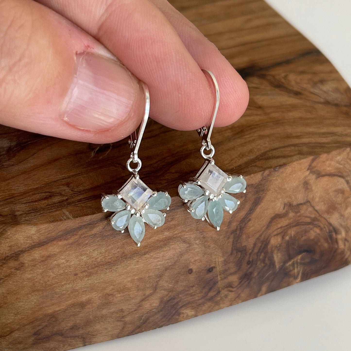 Aquamarine and Moonstone Flower Earrings