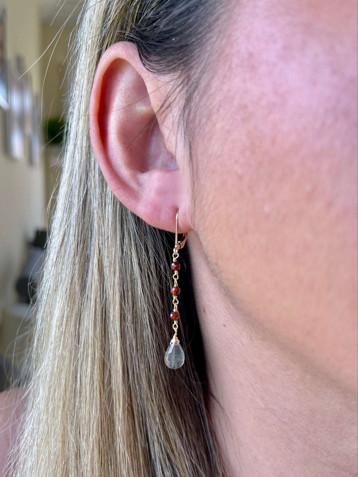 Labradorite and Garnet Wire Wrapped Earrings