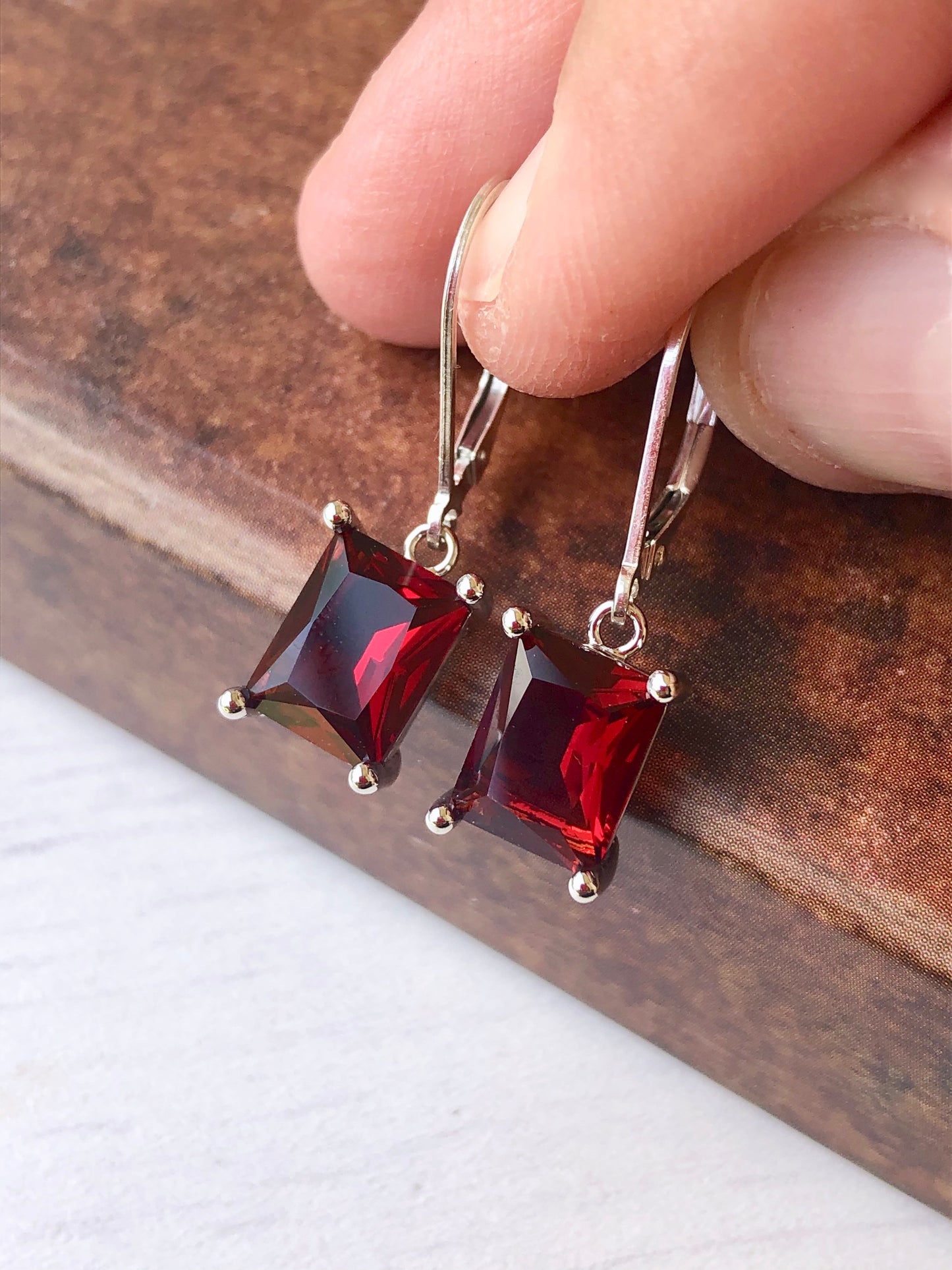 Garnet Emerald Cut Earrings- January Birthstone