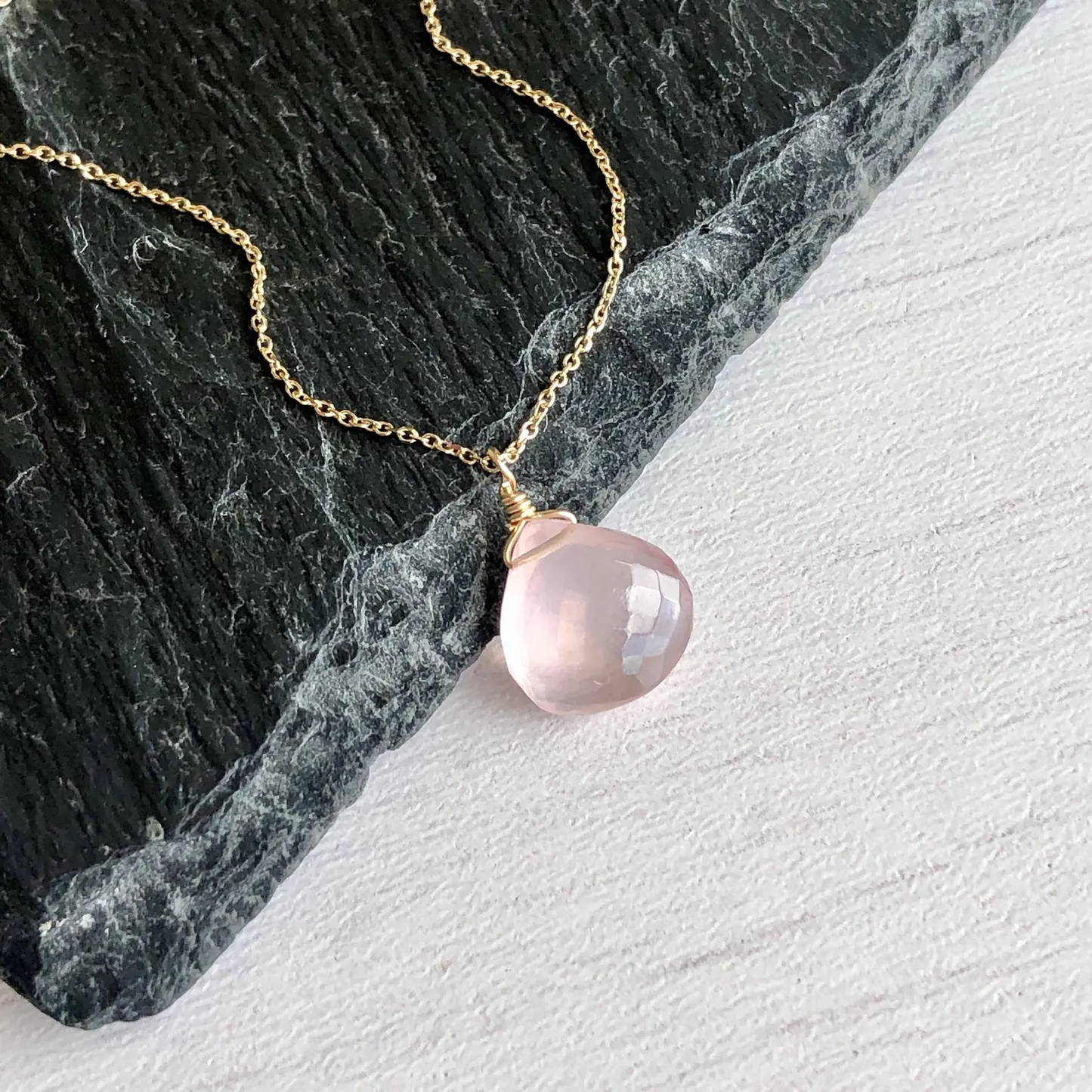Rose Quartz Teardrop Necklace- Solid 14k Yellow Gold