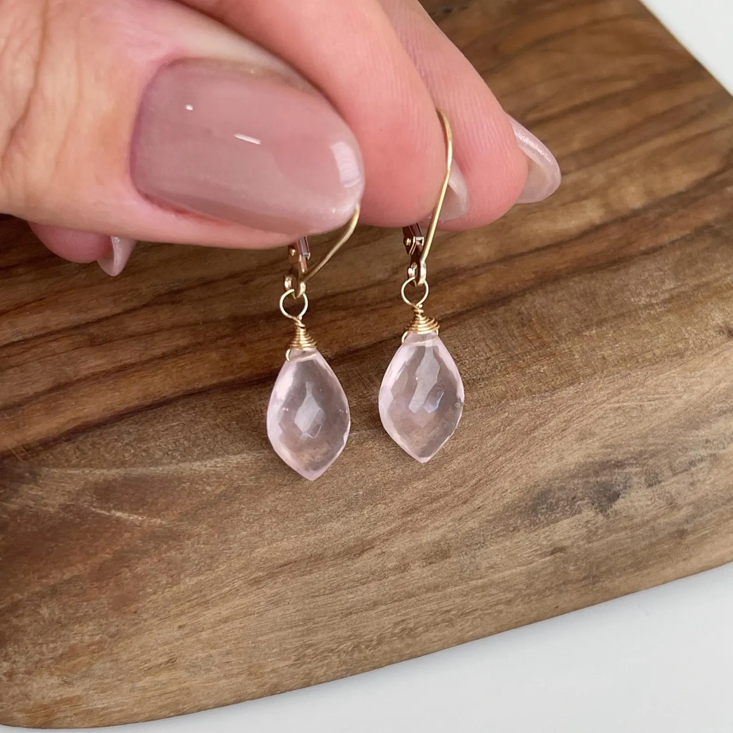Rose Quartz Teardrop Earrings- Solid 14k Gold