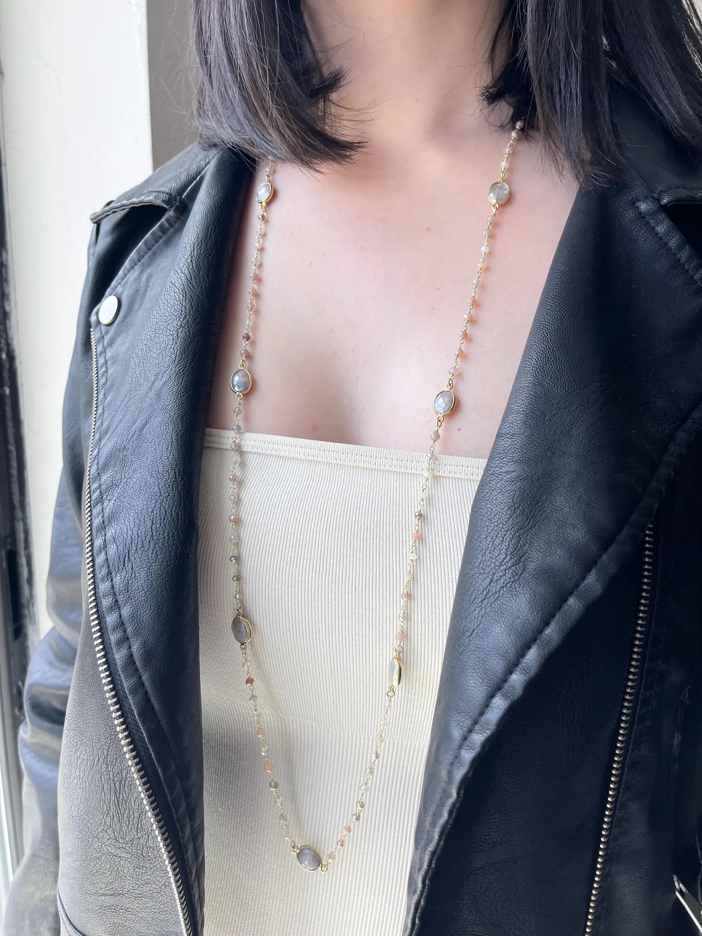 Multicolor Moonstone Long Beaded Necklace