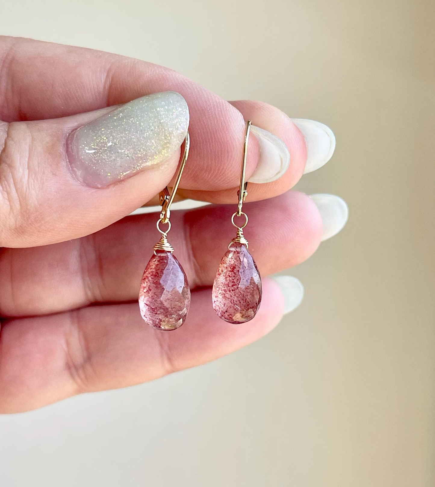 Strawberry Quartz Drop Earrings- Solid 14k Gold