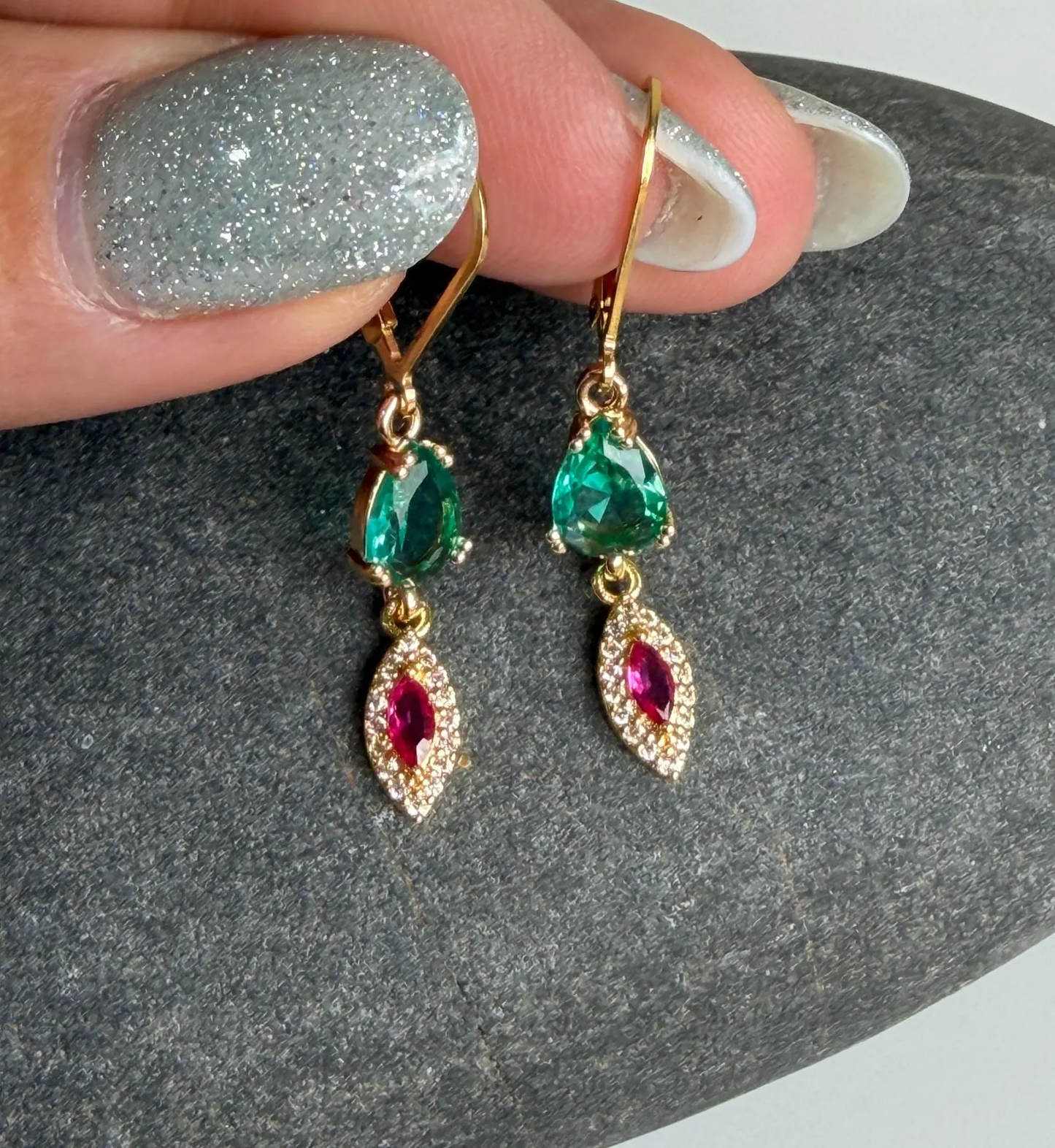Apatite and Pink Zircon Earrings, Teal Green and Hot Pink Dangle Earrings in Gold,
