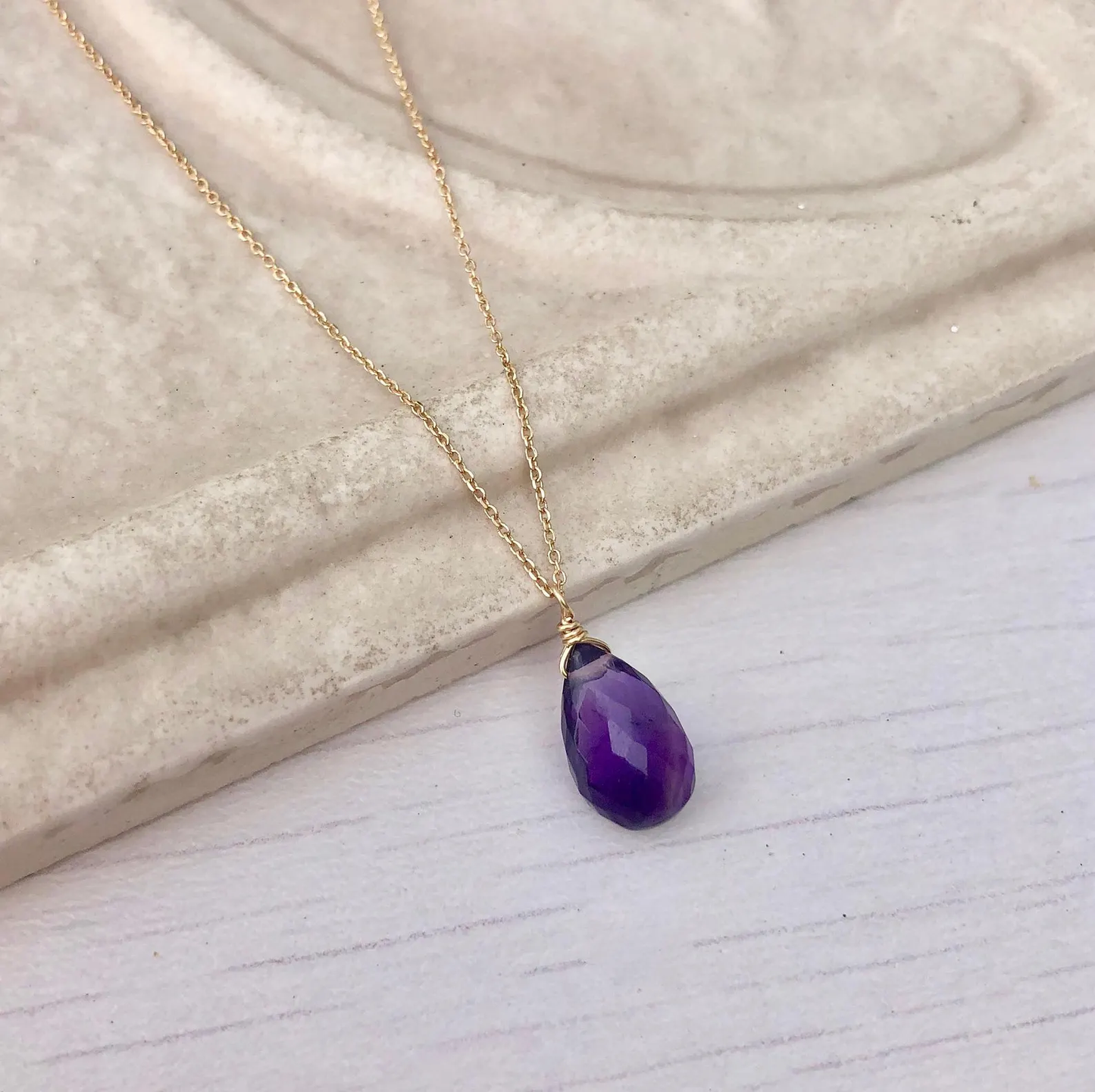 Amethyst Teardrop Necklace in Solid 14k Gold
