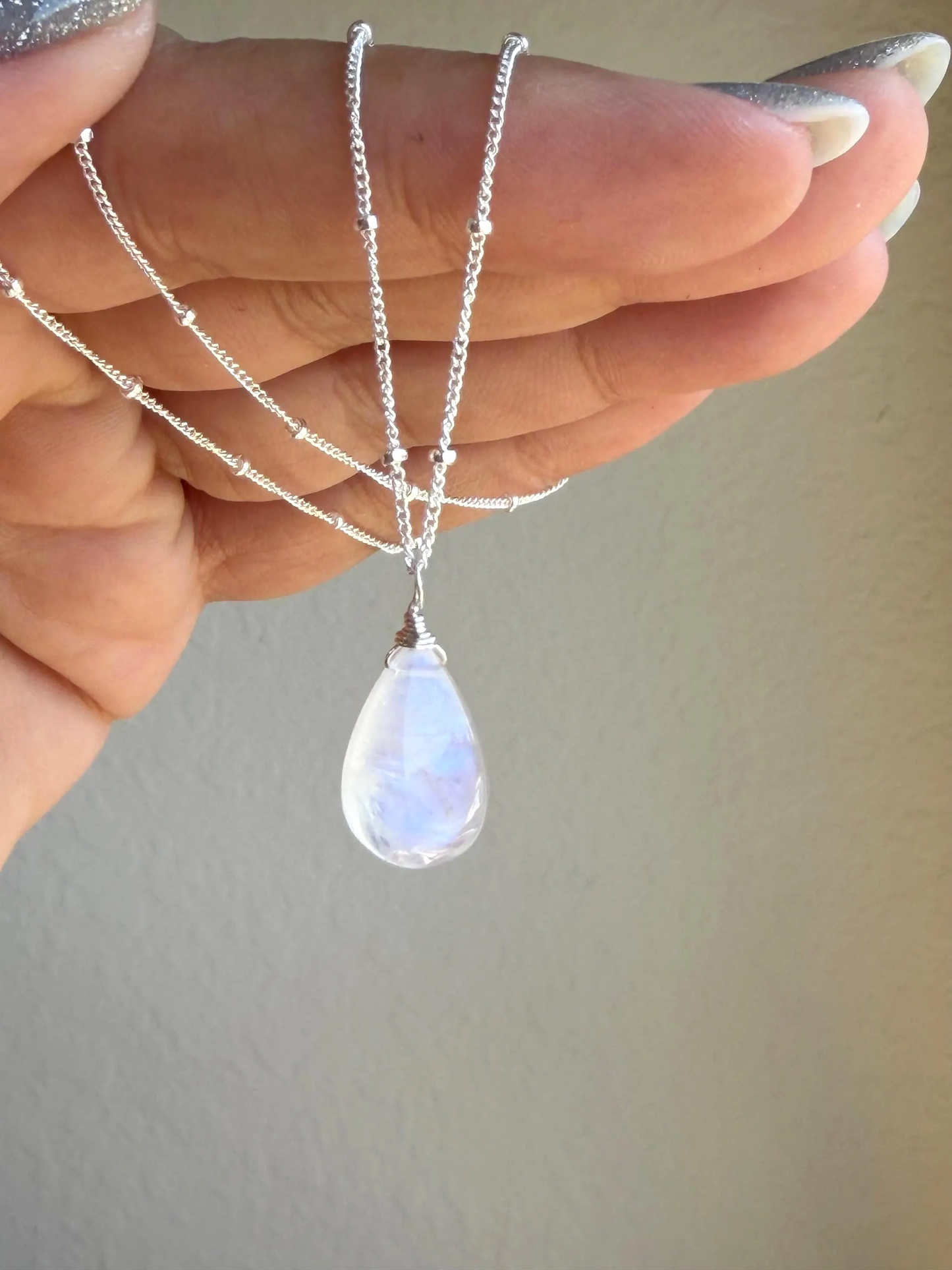 Rainbow Moonstone Smooth Teardrop Necklace- June Birthstone