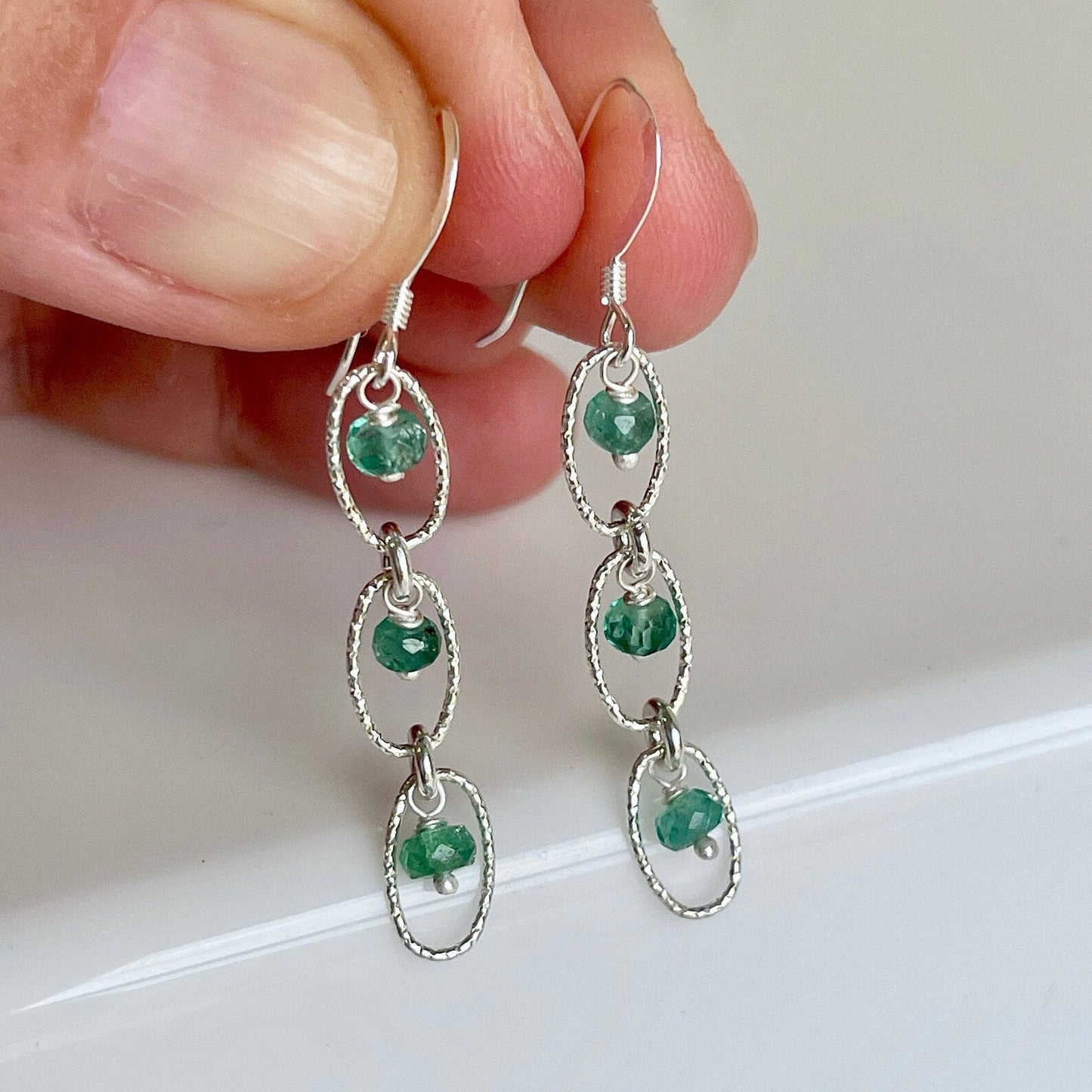 Emerald Oval Dangle Earrings- May Birthstone
